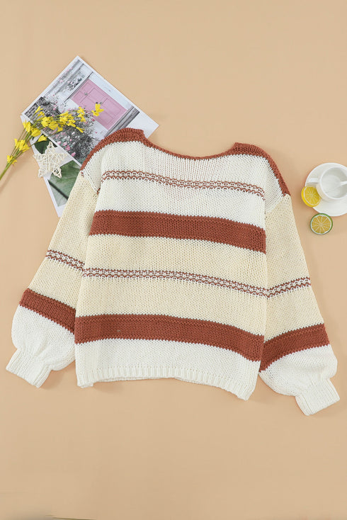 V-Neck Knitted Lantern Sleeve Pullover Sweater
